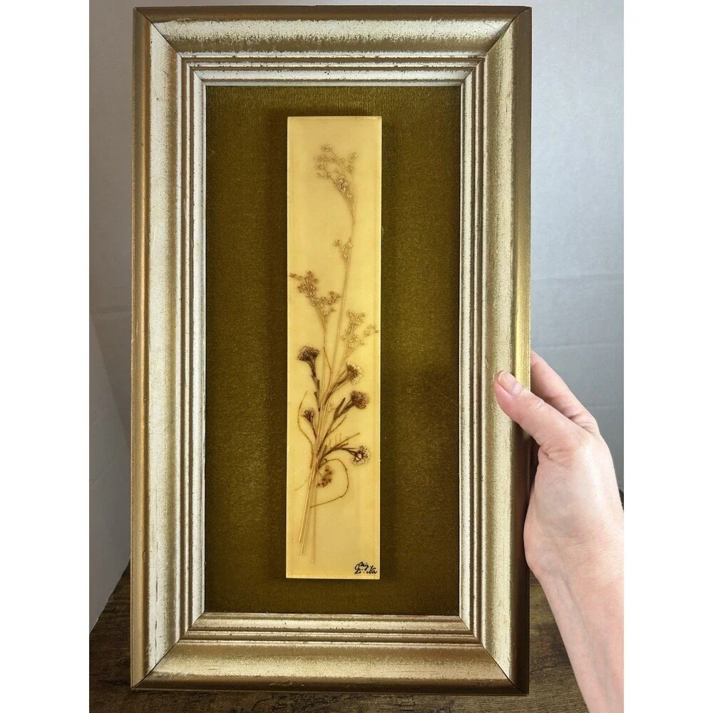Vintage Pressed Floral Resin Wall Art Plaque Signed Boho Decor 16.5x9.5 Panel